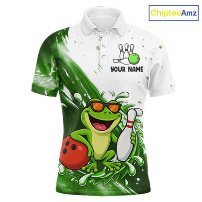Green And White Funny Frog Bowling Polo, Quarter Zip Shirt For Men Custom Bowling Team Jersey TDM7461
