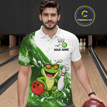 Green And White Funny Frog Bowling Polo, Quarter Zip Shirt For Men Custom Bowling Team Jersey TDM7461