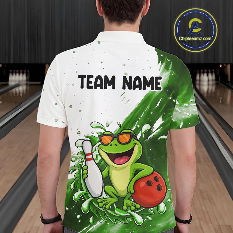 Green And White Funny Frog Bowling Polo, Quarter Zip Shirt For Men Custom Bowling Team Jersey TDM7461