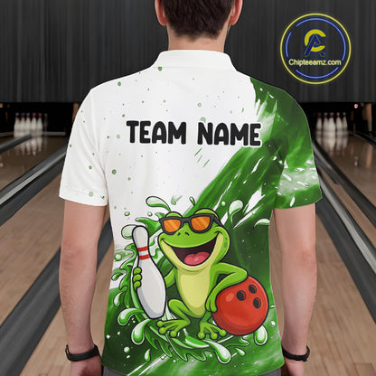 Green And White Funny Frog Bowling Polo, Quarter Zip Shirt For Men Custom Bowling Team Jersey TDM7461