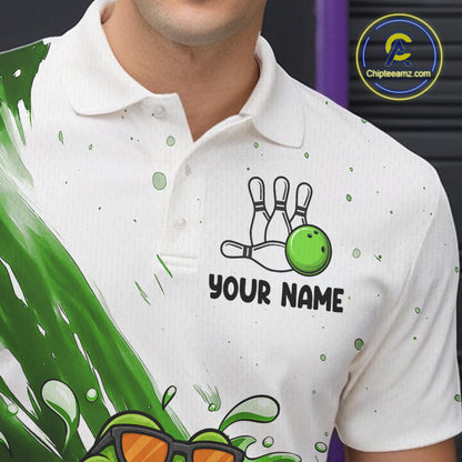 Green And White Funny Frog Bowling Polo, Quarter Zip Shirt For Men Custom Bowling Team Jersey TDM7461