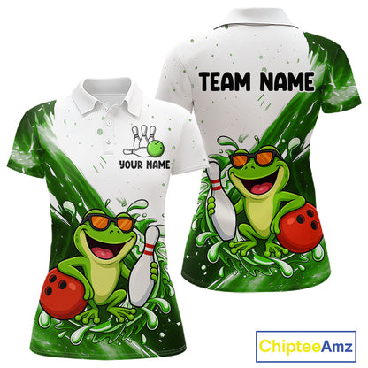 Green And White Funny Frog Bowling Polo, Quarter Zip Shirt For Women Custom Bowling Team Jersey TDM7461