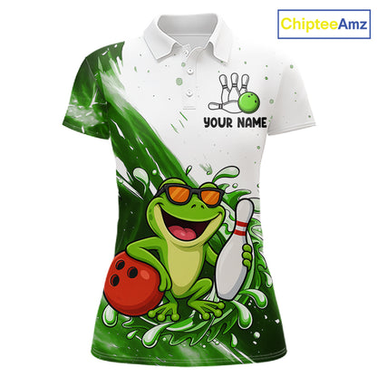 Green And White Funny Frog Bowling Polo, Quarter Zip Shirt For Women Custom Bowling Team Jersey TDM7461