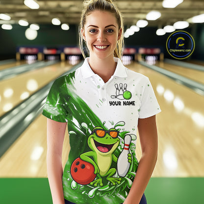 Green And White Funny Frog Bowling Polo, Quarter Zip Shirt For Women Custom Bowling Team Jersey TDM7461
