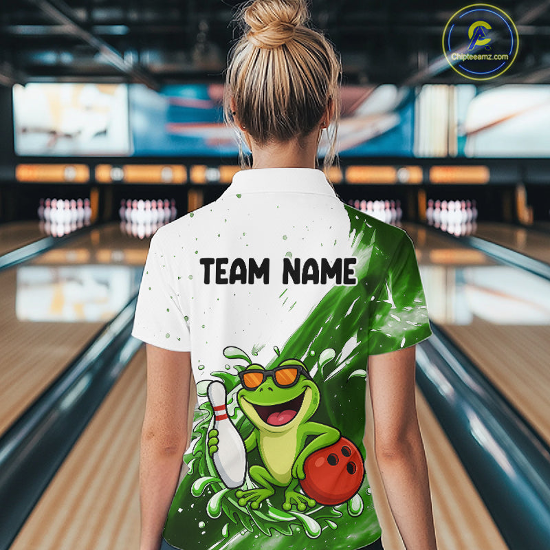 Green And White Funny Frog Bowling Polo, Quarter Zip Shirt For Women Custom Bowling Team Jersey TDM7461
