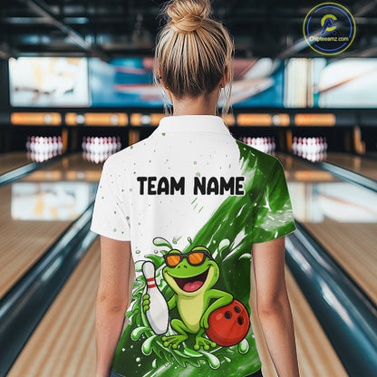 Green And White Funny Frog Bowling Polo, Quarter Zip Shirt For Women Custom Bowling Team Jersey TDM7461
