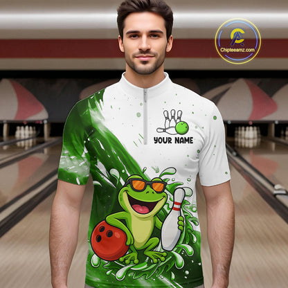 Green And White Funny Frog Bowling Polo, Quarter Zip Shirt For Men Custom Bowling Team Jersey TDM7461