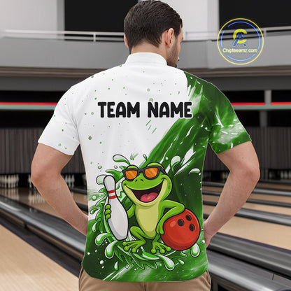 Green And White Funny Frog Bowling Polo, Quarter Zip Shirt For Men Custom Bowling Team Jersey TDM7461