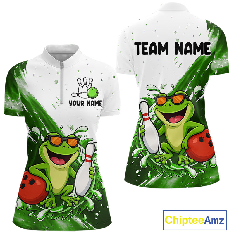 Green And White Funny Frog Bowling Polo, Quarter Zip Shirt For Women Custom Bowling Team Jersey TDM7461