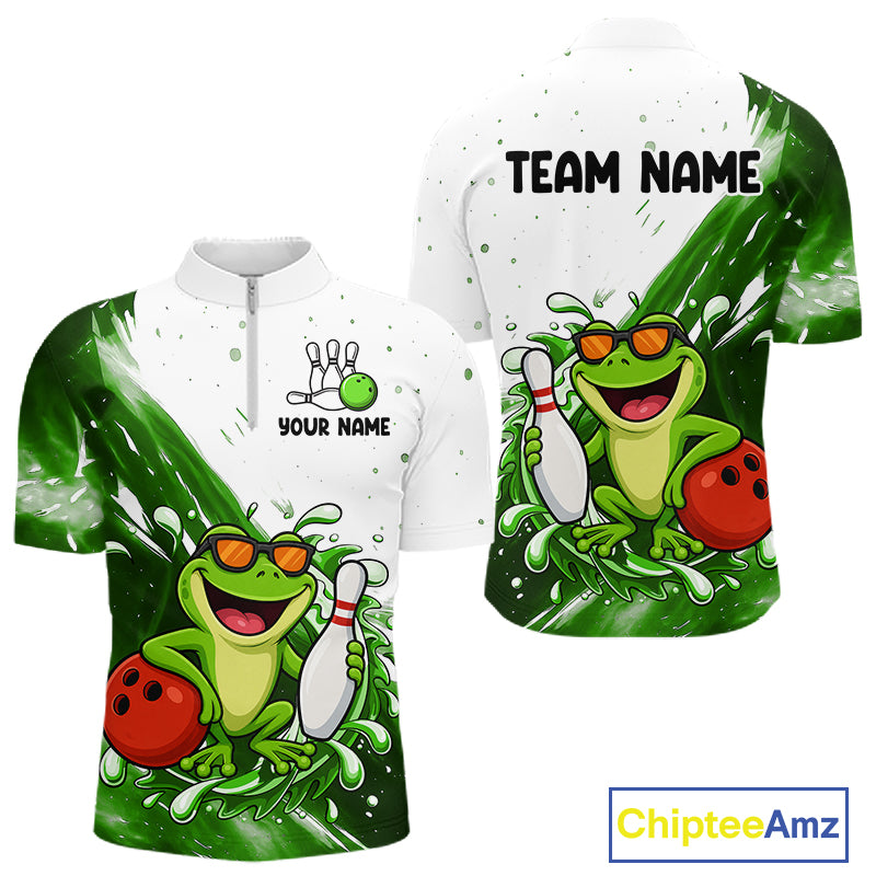Green And White Funny Frog Bowling Polo, Quarter Zip Shirt For Men Custom Bowling Team Jersey TDM7461