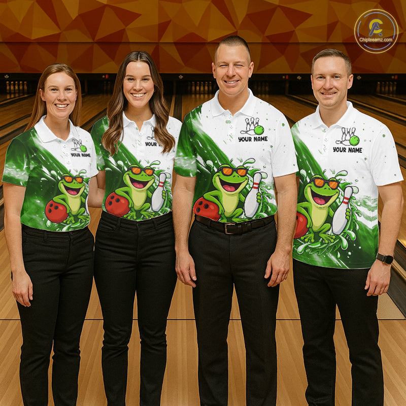 Green And White Funny Frog Bowling Polo, Quarter Zip Shirt For Men Custom Bowling Team Jersey TDM7461