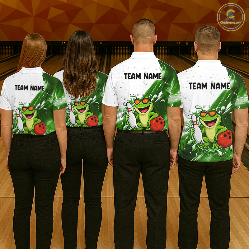 Green And White Funny Frog Bowling Polo, Quarter Zip Shirt For Men Custom Bowling Team Jersey TDM7461