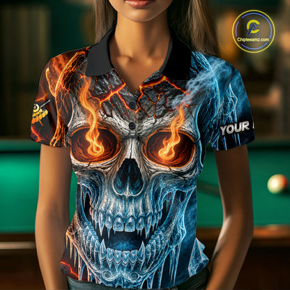 Blue And Orange Custom Skull 8 Ball Pool Icy Billiard Shirts For Women, Billiard Team Jersey TDM7769