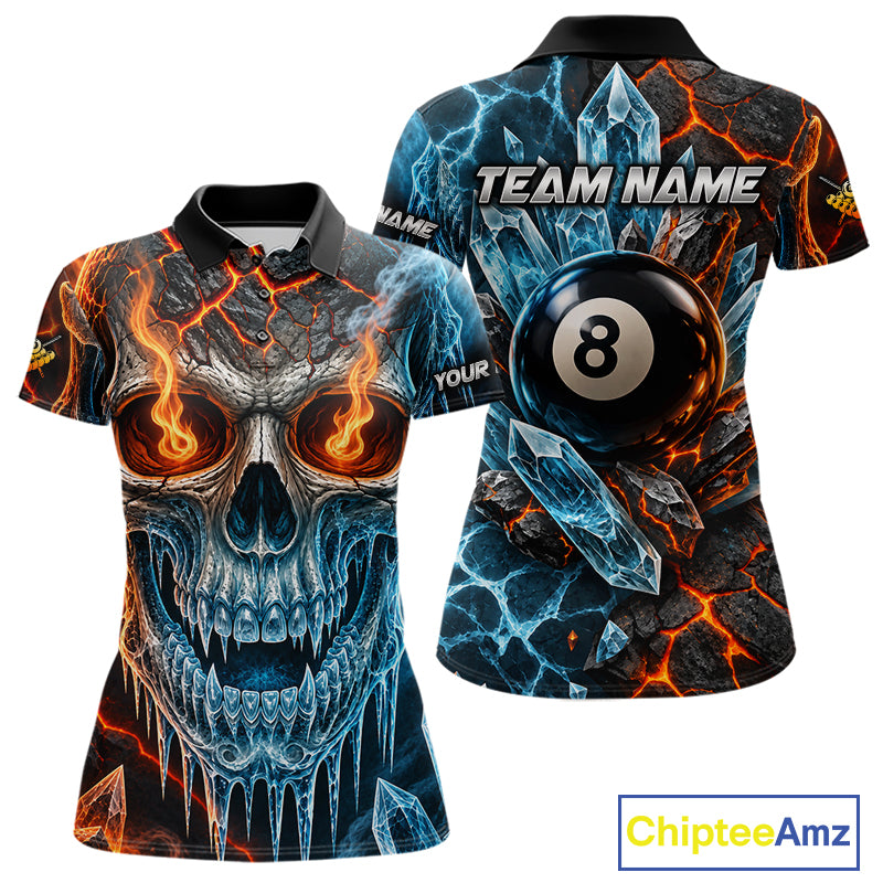 Blue And Orange Custom Skull 8 Ball Pool Icy Billiard Shirts For Women, Billiard Team Jersey TDM7769