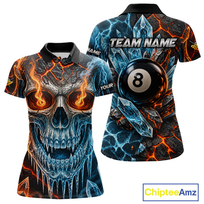 Blue And Orange Custom Skull 8 Ball Pool Icy Billiard Shirts For Women, Billiard Team Jersey TDM7769
