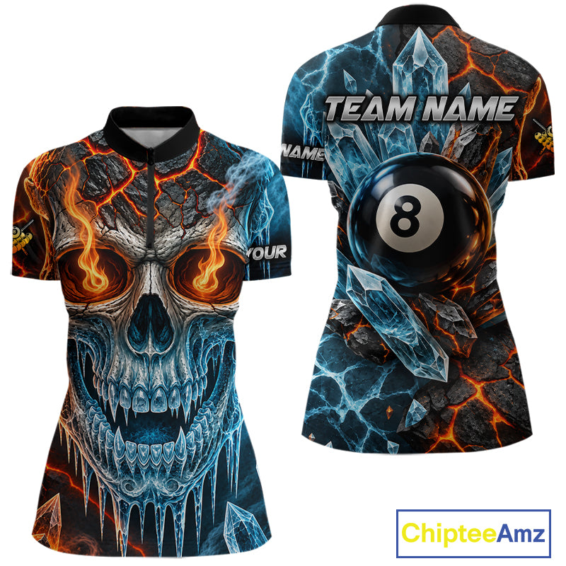 Blue And Orange Custom Skull 8 Ball Pool Icy Billiard Shirts For Women, Billiard Team Jersey TDM7769