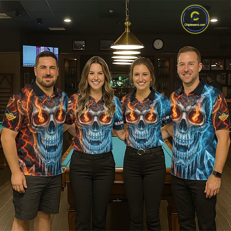 Blue And Orange Custom Skull 8 Ball Pool Icy Billiard Shirts For Men, Billiard Team Jersey TDM7769