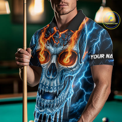 Blue And Orange Custom Skull 9 Ball Pool Icy Billiard Shirts For Men, Billiard Team Jersey TDM7770