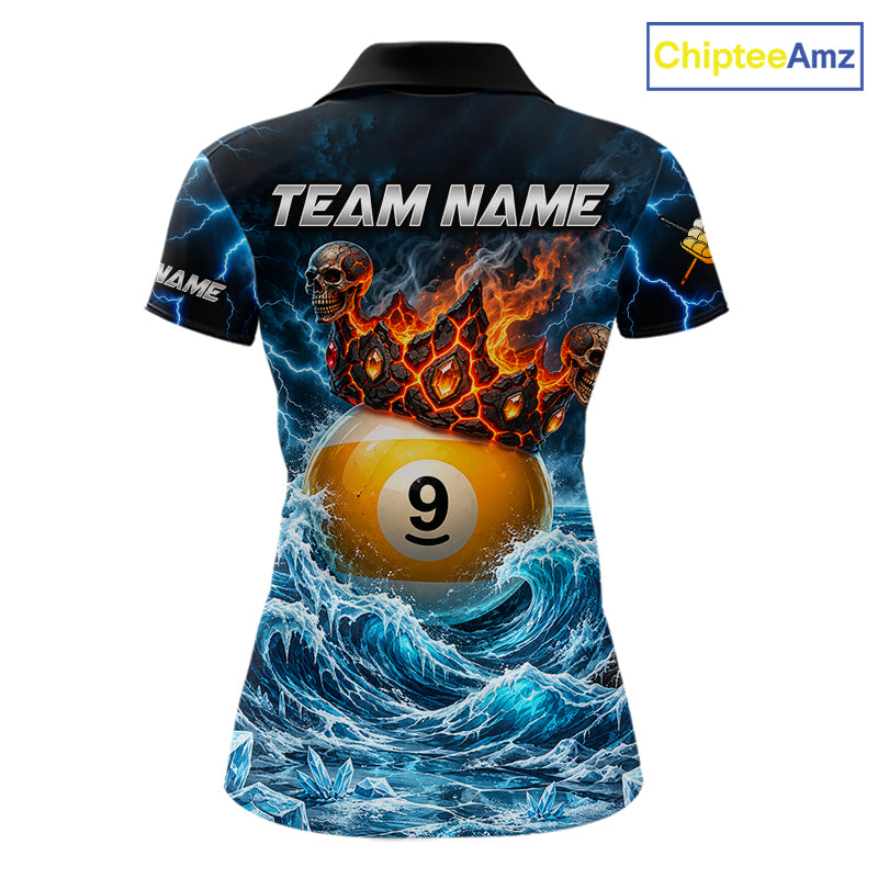 Blue And Orange Custom Skull 9 Ball Pool Icy Billiard Shirts For Women, Billiard Team Jersey TDM7770