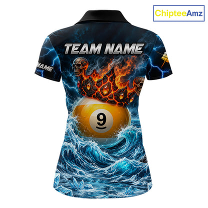 Blue And Orange Custom Skull 9 Ball Pool Icy Billiard Shirts For Women, Billiard Team Jersey TDM7770