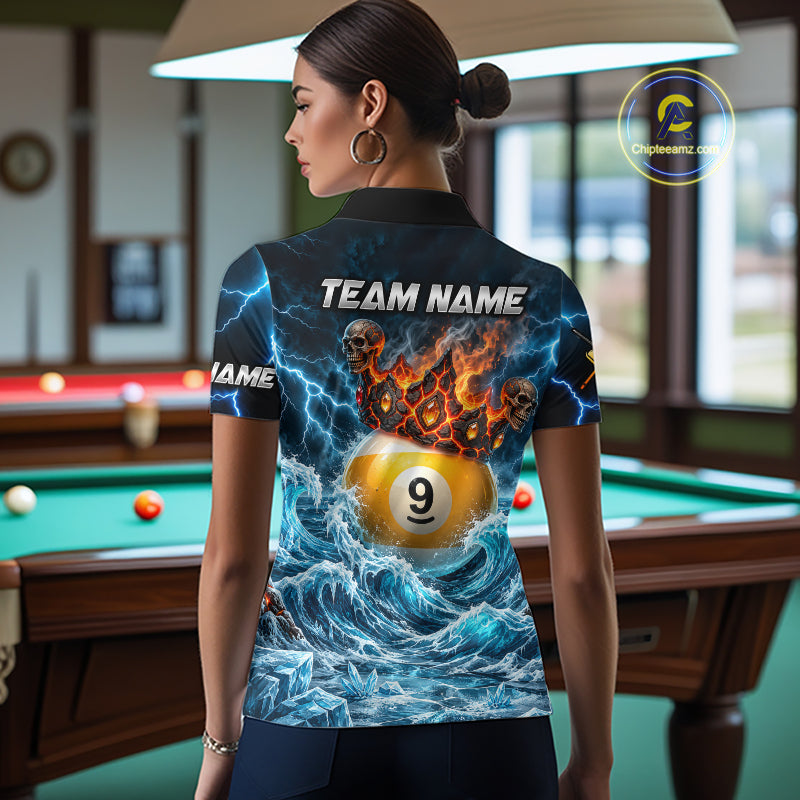 Blue And Orange Custom Skull 9 Ball Pool Icy Billiard Shirts For Women, Billiard Team Jersey TDM7770