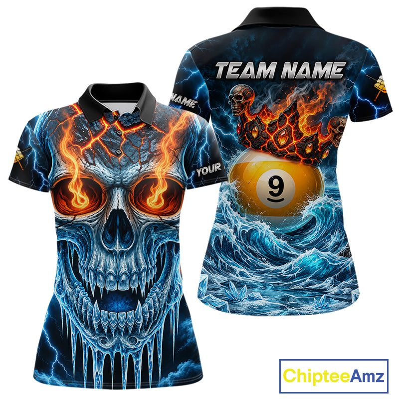 Blue And Orange Custom Skull 9 Ball Pool Icy Billiard Shirts For Women, Billiard Team Jersey TDM7770