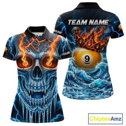 Blue And Orange Custom Skull 9 Ball Pool Icy Billiard Shirts For Women, Billiard Team Jersey TDM7770