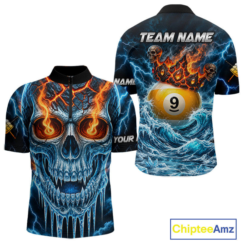 Blue And Orange Custom Skull 9 Ball Pool Icy Billiard Shirts For Men, Billiard Team Jersey TDM7770