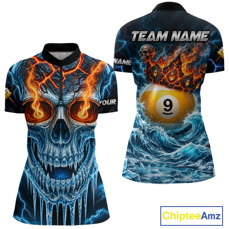 Blue And Orange Custom Skull 9 Ball Pool Icy Billiard Shirts For Women, Billiard Team Jersey TDM7770