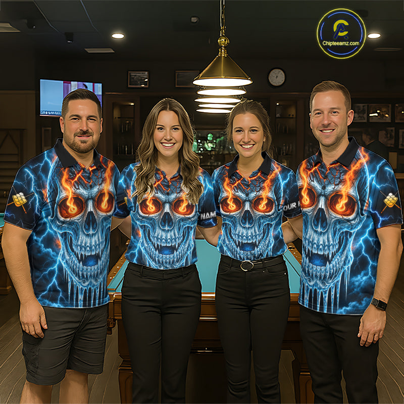 Blue And Orange Custom Skull 9 Ball Pool Icy Billiard Shirts For Women, Billiard Team Jersey TDM7770