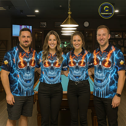 Blue And Orange Custom Skull 9 Ball Pool Icy Billiard Shirts For Women, Billiard Team Jersey TDM7770