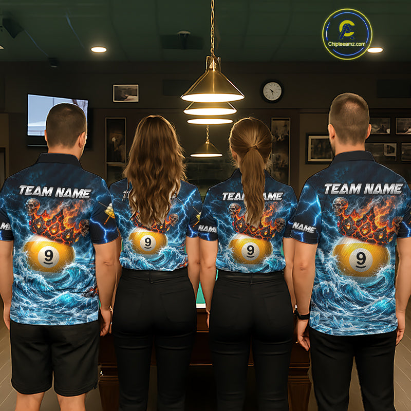 Blue And Orange Custom Skull 9 Ball Pool Icy Billiard Shirts For Women, Billiard Team Jersey TDM7770