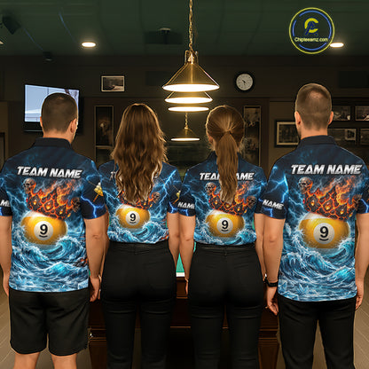 Blue And Orange Custom Skull 9 Ball Pool Icy Billiard Shirts For Women, Billiard Team Jersey TDM7770