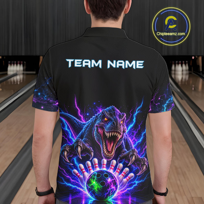 Custom Dinosaur Neon Bowling Jersey Polo, 1/4 Zip For Men Bowling Team Jersey, Bowling Uniform TDM8106