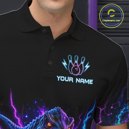 Custom Dinosaur Neon Bowling Jersey Polo, 1/4 Zip For Men Bowling Team Jersey, Bowling Uniform TDM8106
