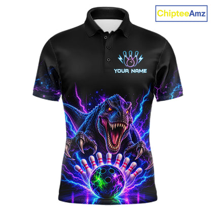 Custom Dinosaur Neon Bowling Jersey Polo, 1/4 Zip For Men Bowling Team Jersey, Bowling Uniform TDM8106