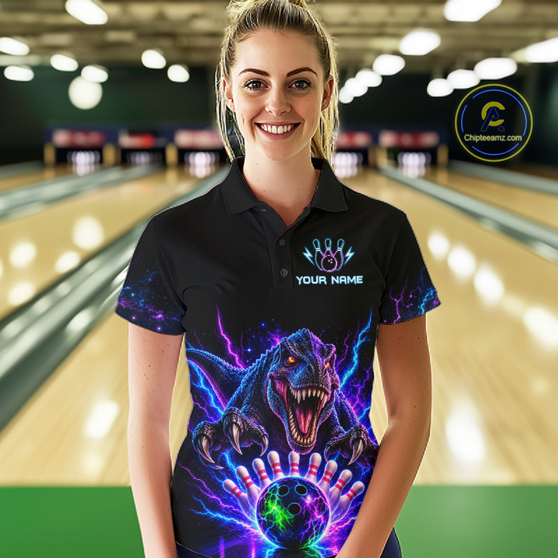 Custom Dinosaur Neon Bowling Jersey Polo, 1/4 Zip For Women Bowling Team Jersey, Bowling Uniform TDM8106