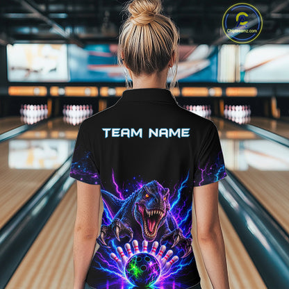 Custom Dinosaur Neon Bowling Jersey Polo, 1/4 Zip For Women Bowling Team Jersey, Bowling Uniform TDM8106