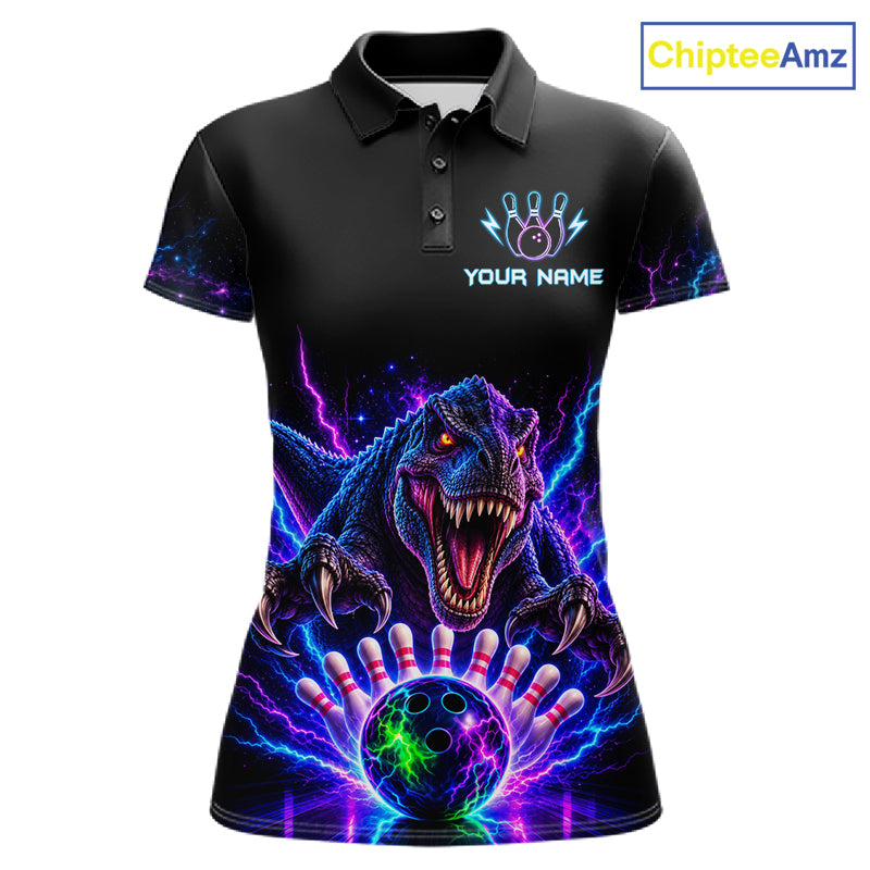 Custom Dinosaur Neon Bowling Jersey Polo, 1/4 Zip For Women Bowling Team Jersey, Bowling Uniform TDM8106