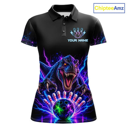 Custom Dinosaur Neon Bowling Jersey Polo, 1/4 Zip For Women Bowling Team Jersey, Bowling Uniform TDM8106