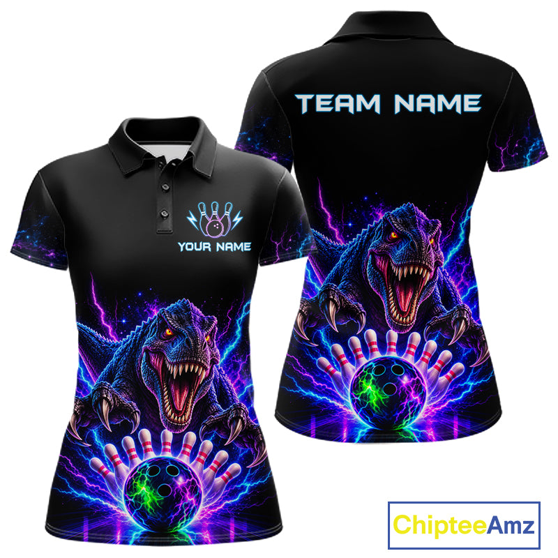 Custom Dinosaur Neon Bowling Jersey Polo, 1/4 Zip For Women Bowling Team Jersey, Bowling Uniform TDM8106