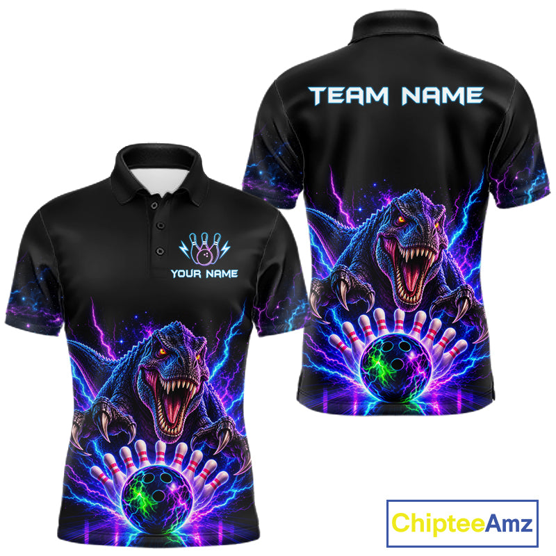 Custom Dinosaur Neon Bowling Jersey Polo, 1/4 Zip For Men Bowling Team Jersey, Bowling Uniform TDM8106