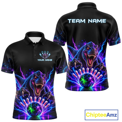 Custom Dinosaur Neon Bowling Jersey Polo, 1/4 Zip For Men Bowling Team Jersey, Bowling Uniform TDM8106
