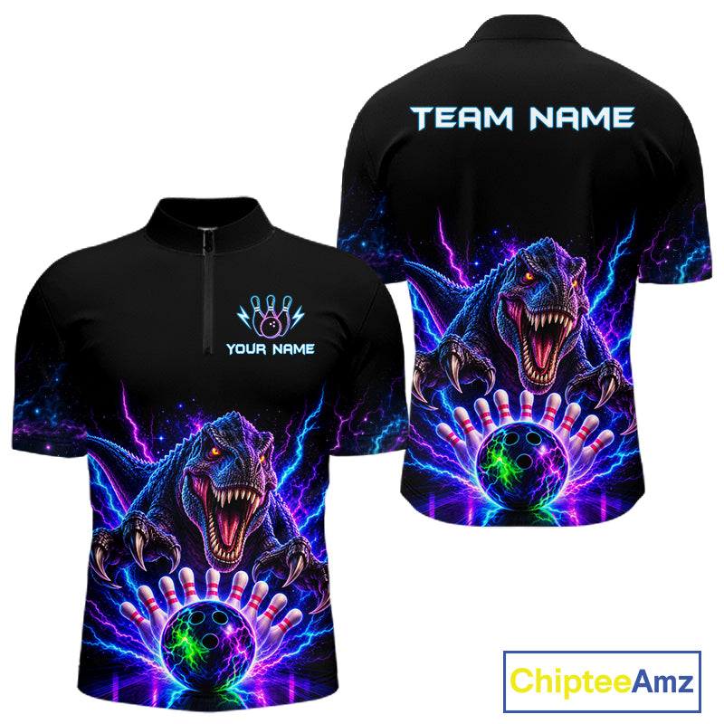 Custom Dinosaur Neon Bowling Jersey Polo, 1/4 Zip For Men Bowling Team Jersey, Bowling Uniform TDM8106