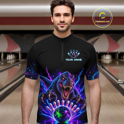 Custom Dinosaur Neon Bowling Jersey Polo, 1/4 Zip For Men Bowling Team Jersey, Bowling Uniform TDM8106