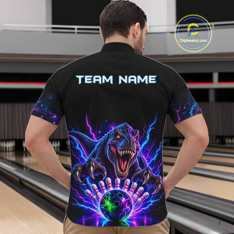 Custom Dinosaur Neon Bowling Jersey Polo, 1/4 Zip For Men Bowling Team Jersey, Bowling Uniform TDM8106