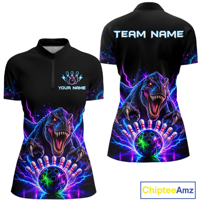 Custom Dinosaur Neon Bowling Jersey Polo, 1/4 Zip For Women Bowling Team Jersey, Bowling Uniform TDM8106