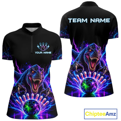 Custom Dinosaur Neon Bowling Jersey Polo, 1/4 Zip For Women Bowling Team Jersey, Bowling Uniform TDM8106