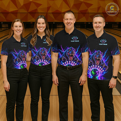 Custom Dinosaur Neon Bowling Jersey Polo, 1/4 Zip For Men Bowling Team Jersey, Bowling Uniform TDM8106