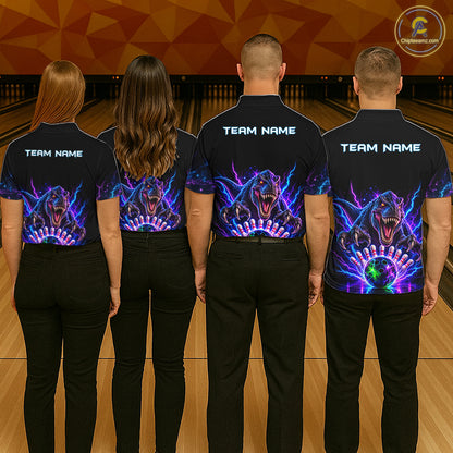 Custom Dinosaur Neon Bowling Jersey Polo, 1/4 Zip For Men Bowling Team Jersey, Bowling Uniform TDM8106